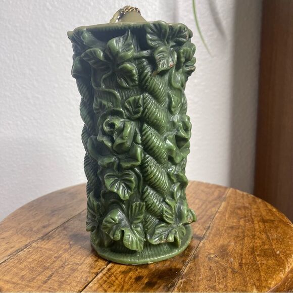 Vintage Large Green Carved German Bavarian Wax Pilar Candle 70s Vibes - Picture 4 of 14